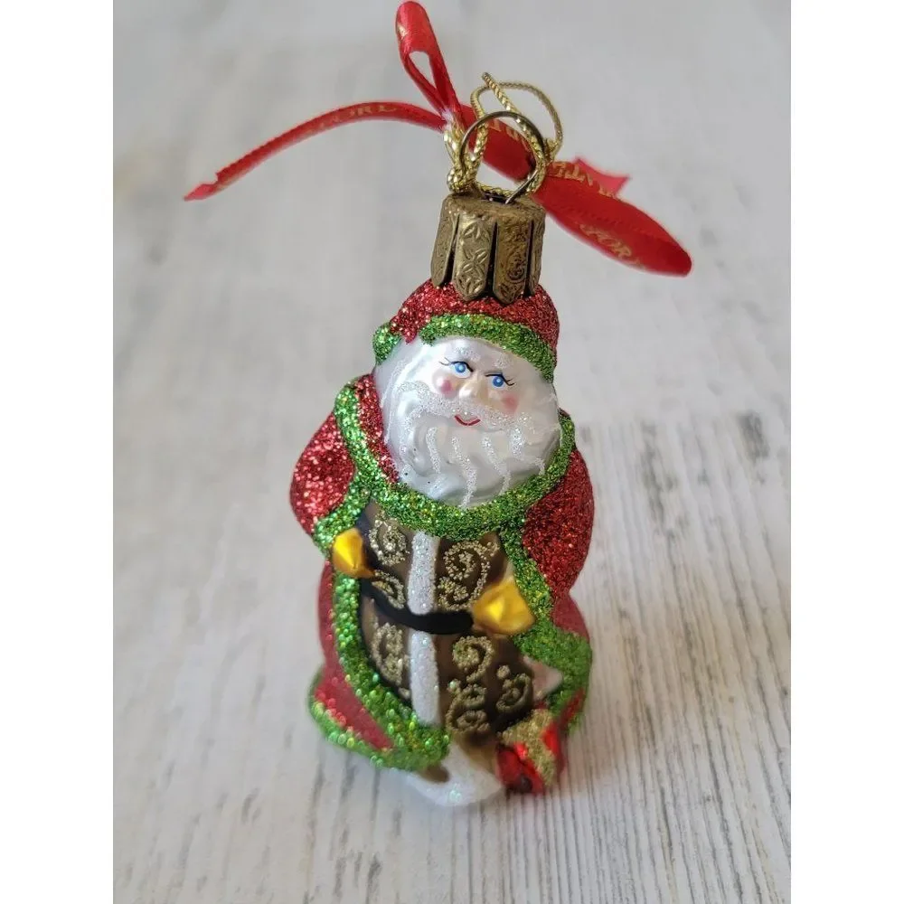 Waterford green red glitter Santa Claus blown glass ornament Xmas